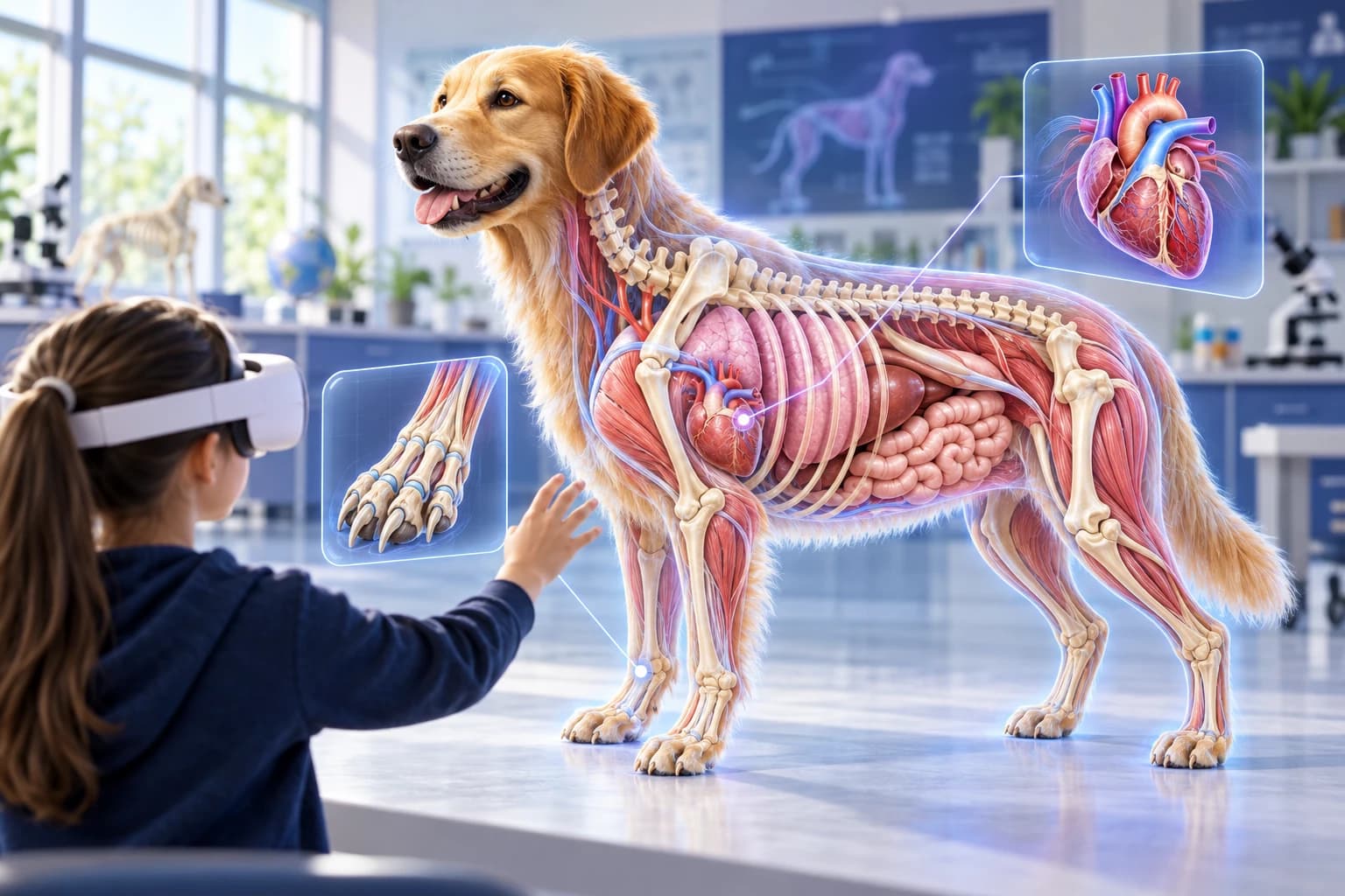 Uczeń w goglach VR poznaje przestrzenny model anatomii psa w szkolnej pracowni