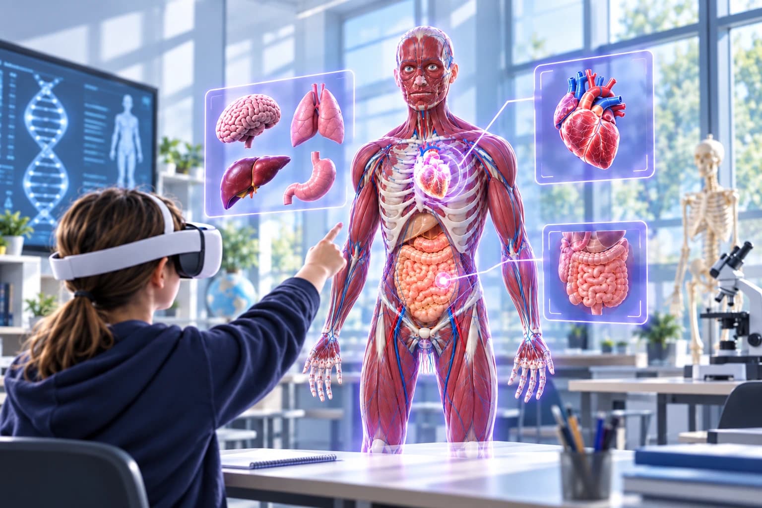 Uczeń w goglach VR poznaje anatomię człowieka w szkolnej pracowni