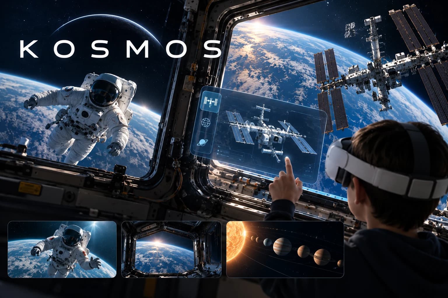 Grafika warsztatów Kosmos VR: uczeń poznaje przestrzeń kosmiczną z pokładu stacji orbitalnej