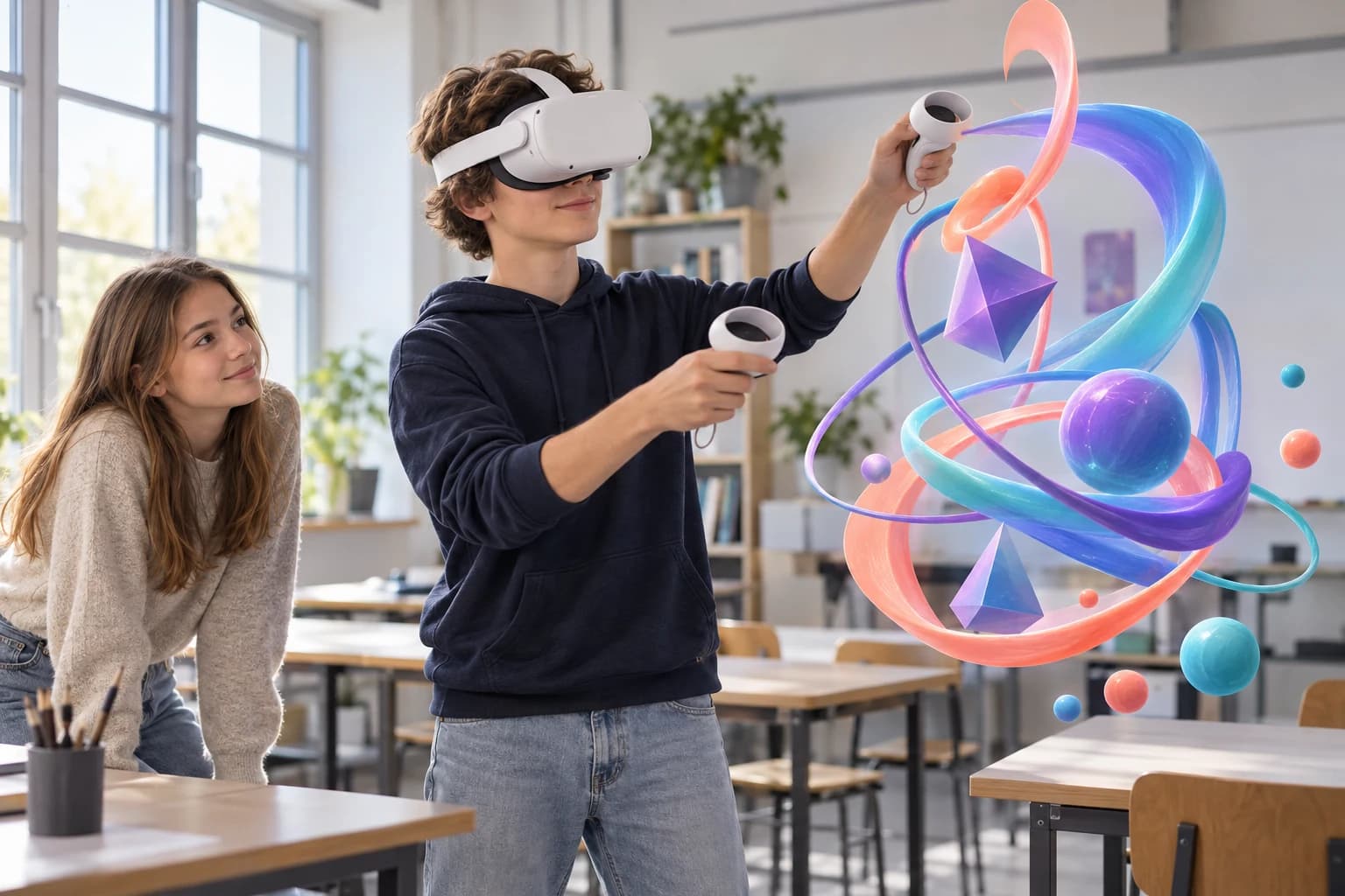 Uczeń w goglach VR tworzy kolorową, przestrzenną kompozycję za pomocą kontrolerów